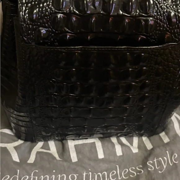 Brahmin Shiny Black Croc-Embossed Shoulder Bag with Gold-Tone Hardware - Picture 3 of 7